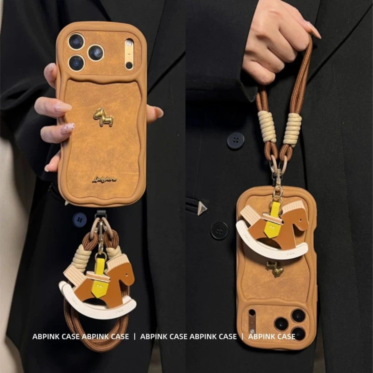 棕底美拉德金属字母小马适用iPhone17ProMax苹果16promax手机壳15手提绳木马挂件14全包气囊防摔