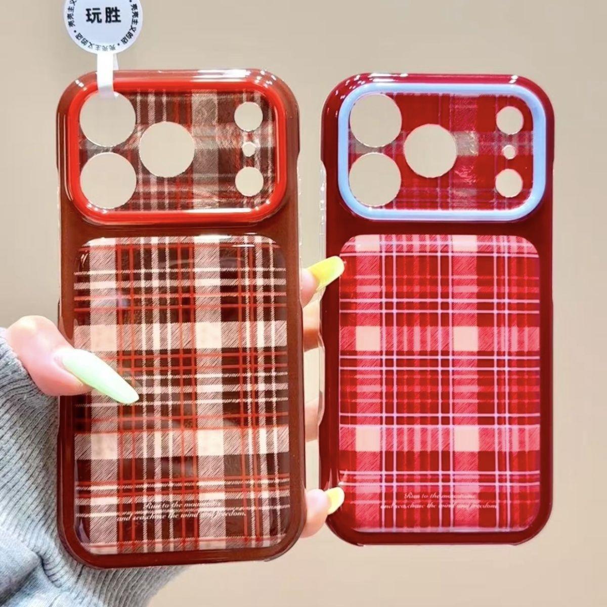 ins棕色红色格纹皮纹大视窗适用苹果18promax手机壳iphone17新款15pro女款16pm全包保护壳