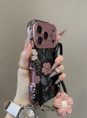 复古黑底粉色雏菊大视窗适用iPhone17手机壳16pro韩系15防摔14promax保护套13