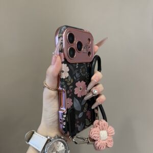 复古黑底粉色雏菊大视窗适用iPhone17手机壳16pro韩系15防摔14promax保护套13