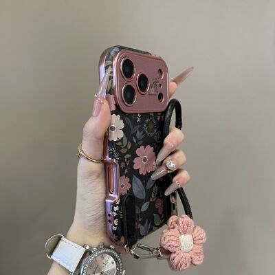 复古黑底粉色雏菊大视窗适用iPhone17手机壳16pro韩系15防摔14promax保护套13