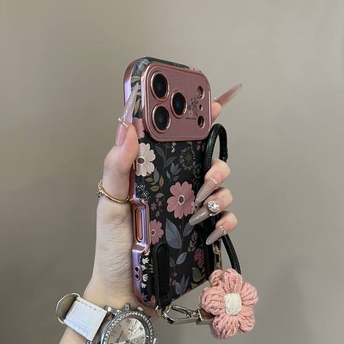 复古黑底粉色雏菊大视窗适用iPhone17手机壳16pro韩系15防摔14promax保护套13