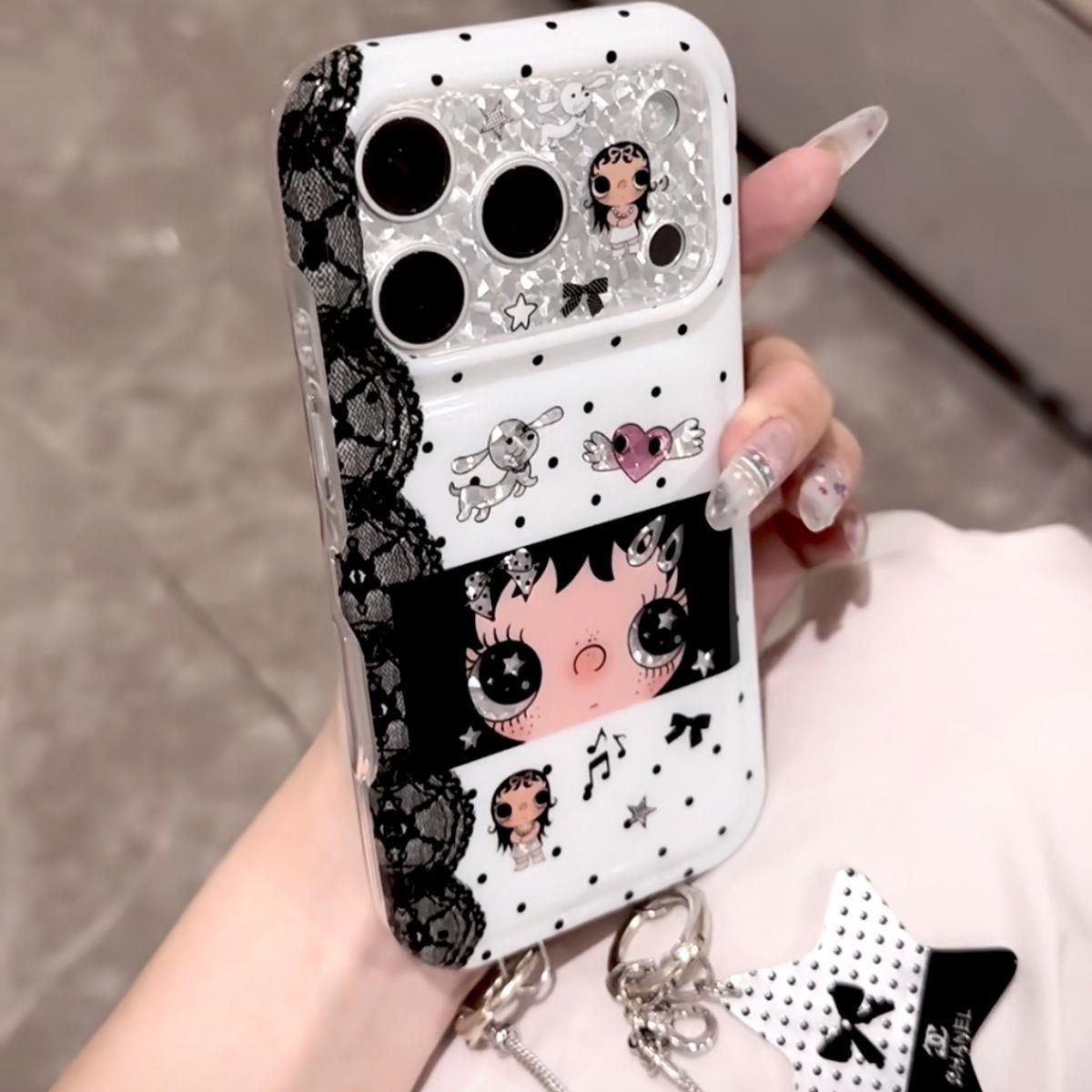 韩系可爱卡通波点小玉适用iPhone17ProMax手机壳少女心苹果16pro新款15pro女款小众全包防摔闪粉硅胶软壳套