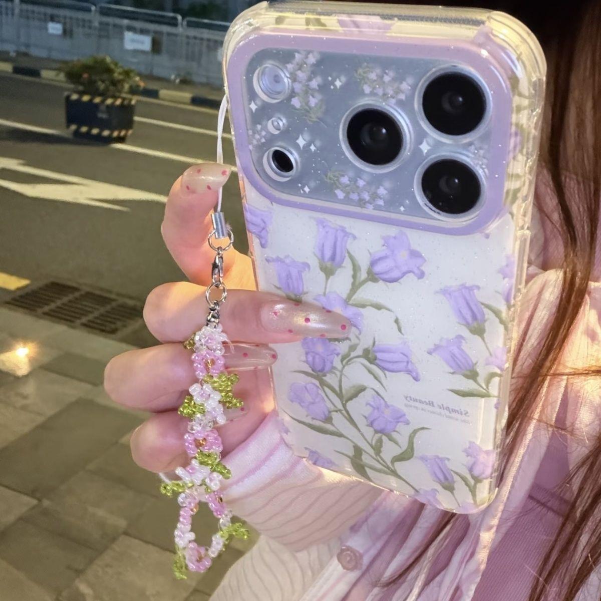 韩系ins风小清新紫色风铃花适用苹果17promax手机壳iPhone17pro女新款16pro双层壳15手拎链条全包防摔保护套