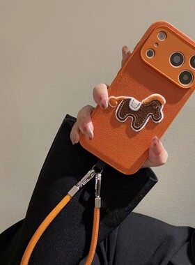 刺绣马适用iphone17手机壳17promax苹果16pro马年2026新年款橙色带手提Air皮质高级15超火13情侣14保护套女