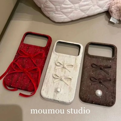 轻奢两个棕蝴蝶结珍珠适用于17promax苹果16promax手机壳15promax个性iPhone16保护套防摔14promax轻奢