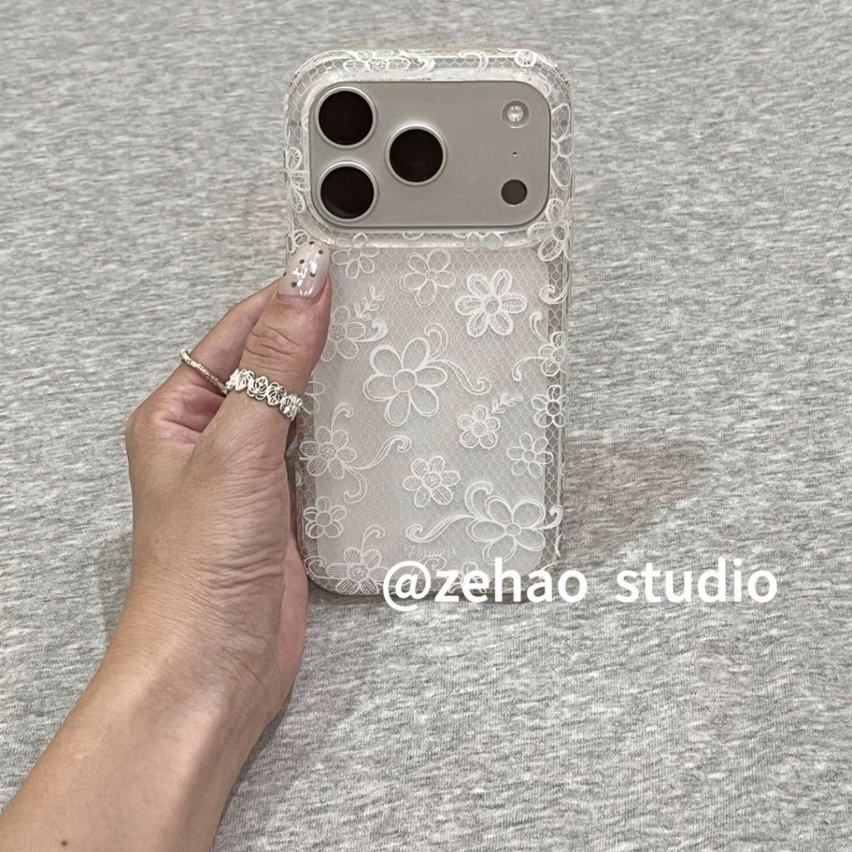 白色菱格蕾丝花朵适用苹果17promax手机壳iphone17新款16pm少女心15pm高级感16pro简约15防摔17Pro全包手机套