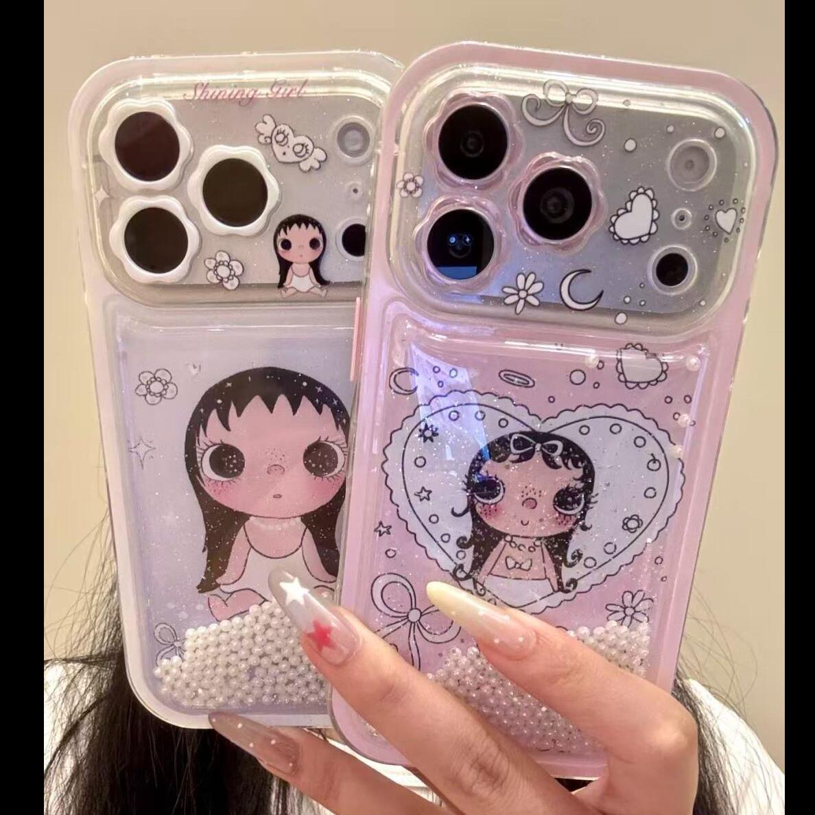 萌系爱心珍珠流沙坐姿小玉适用iPhone17promax手机壳15新款17pro网红女款13创意全包防摔16pro超好看17保护套