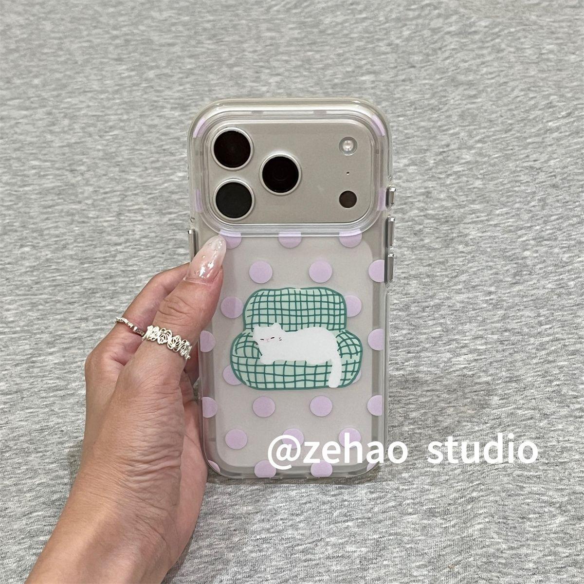 ins韩风磨砂紫波点沙发猫咪适用苹果17promax手机壳iPhone16pro新款15带挂绳14气囊双层13女17全包防摔保护套