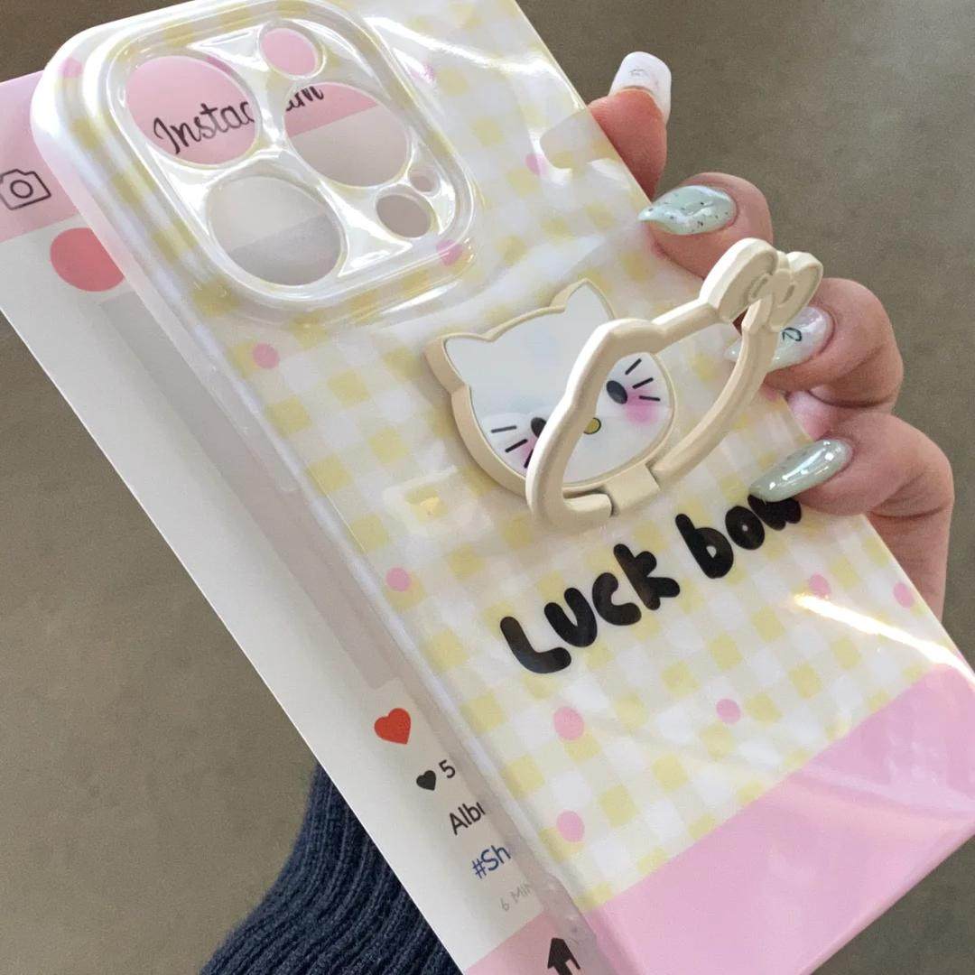 格纹凯蒂猫支架背贴iPhone15手机壳适用苹果14/13promax软壳12少女心11可爱卡通哈喽HelloKitty新款全包