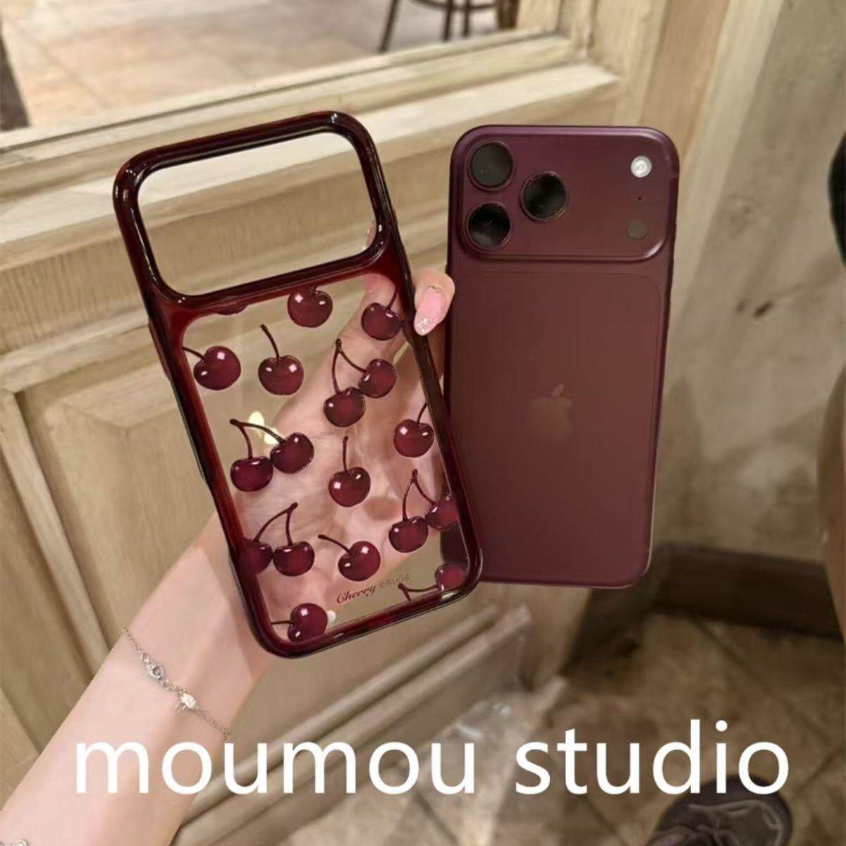 ins韩风简约透明酒红樱桃适用苹果18promax手机壳iphone17pro新款16透明15pro亚克力18pm全包防摔保护套个性