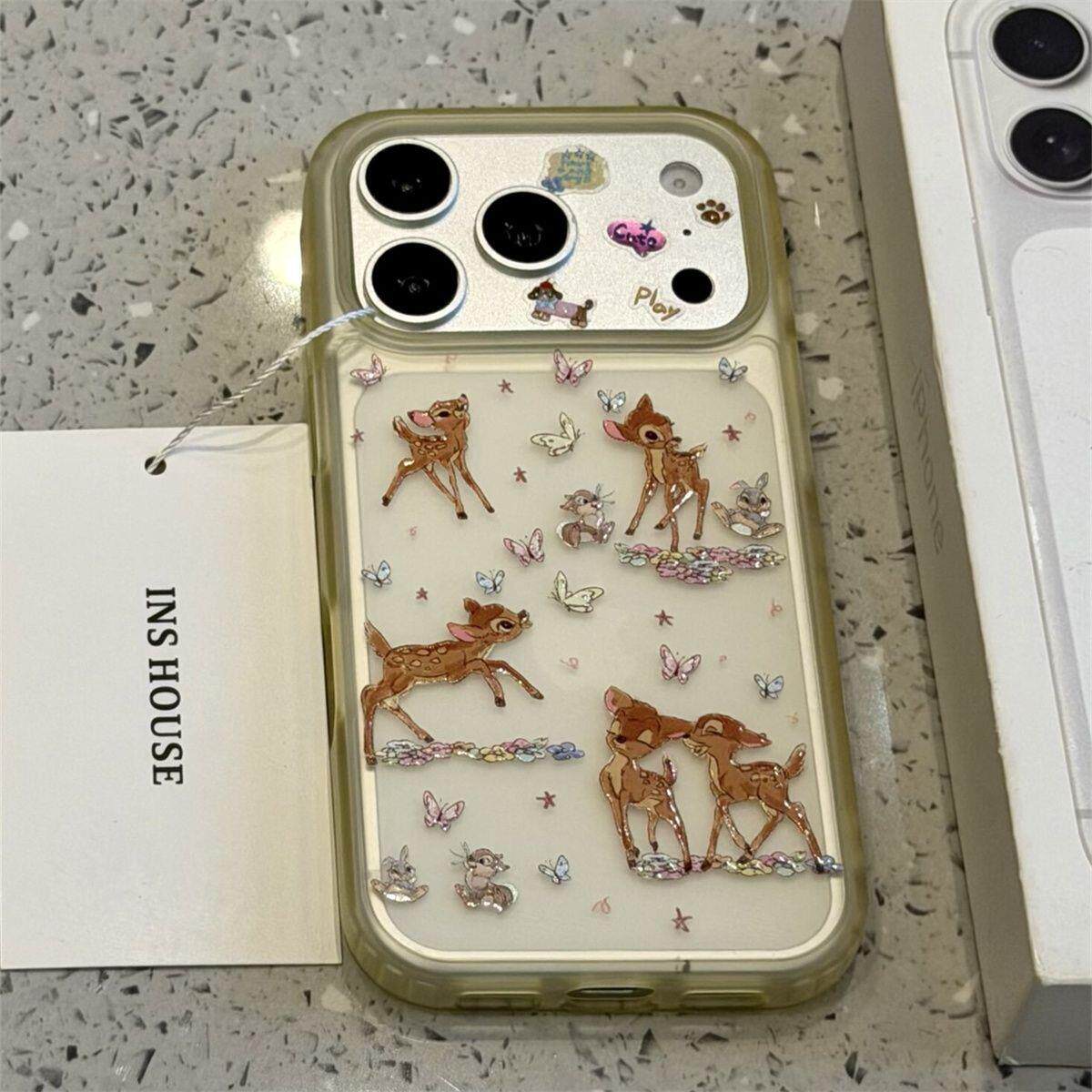 童趣透黄底星星彩色蝴蝶梅花鹿适用于iphone17promax苹果16手机壳15可爱卡通童趣创意新款防摔