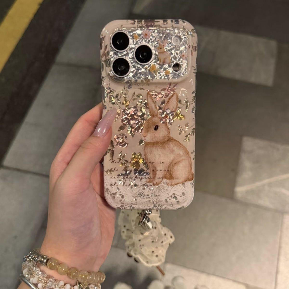光泽花朵甜美小兔ins15适用17pro苹果17ProMax手机壳iPhone16Promax全包17新款保护套15pro软手提