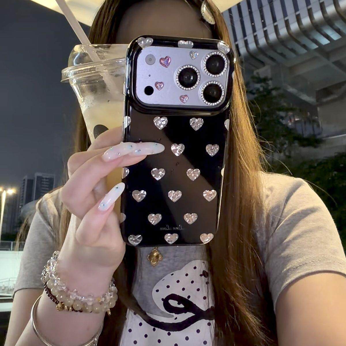 简约风爱心钻石适用iPhone17promax手机壳苹果16带挂绳透明钻石装饰爱心图案全包防摔15硬壳钥匙扣手机保护套