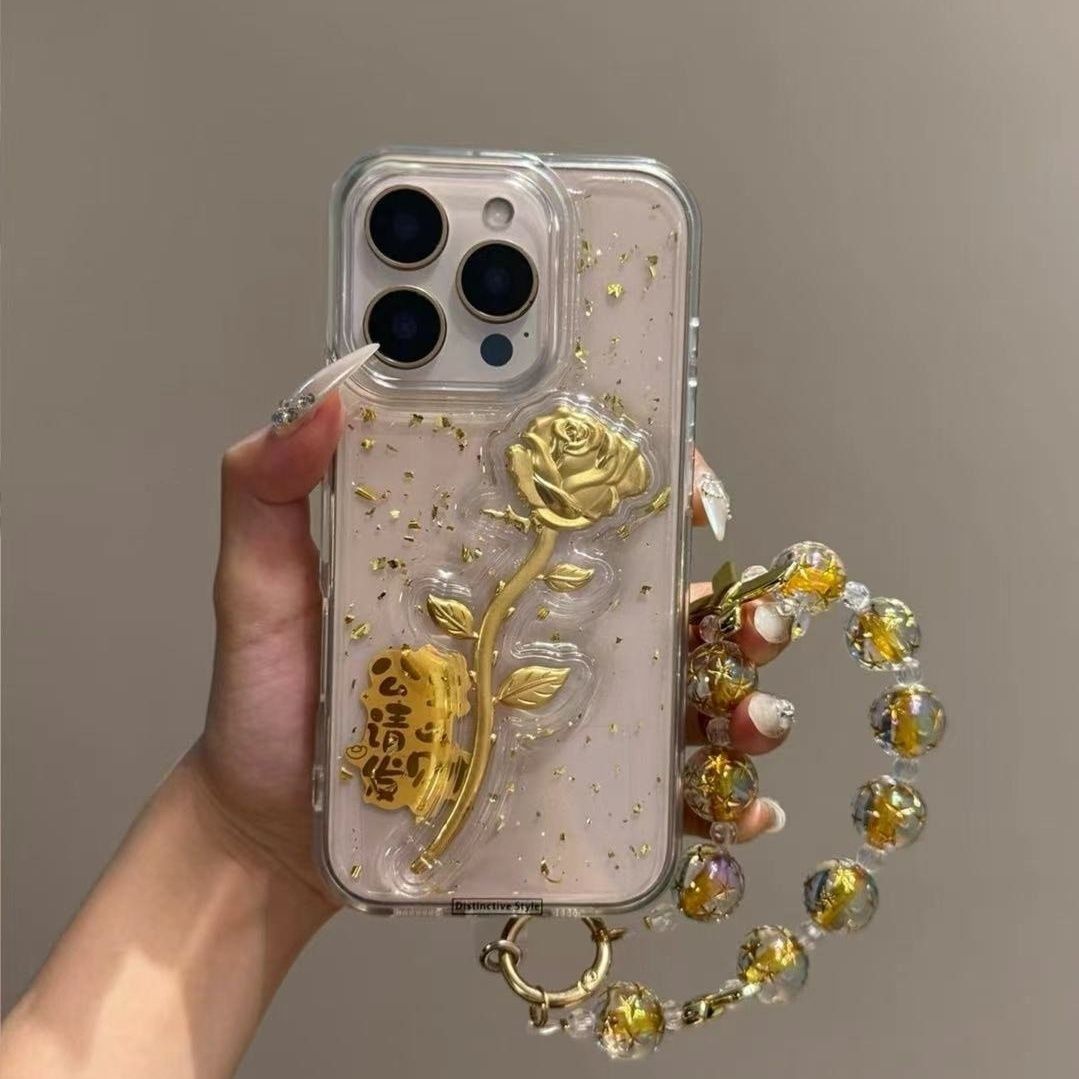 公主请发财玫瑰花适用苹果16promax手机壳iPhone15 14pro金箔滴胶壳13 12 11promax新年软壳8p xsmax保护套女