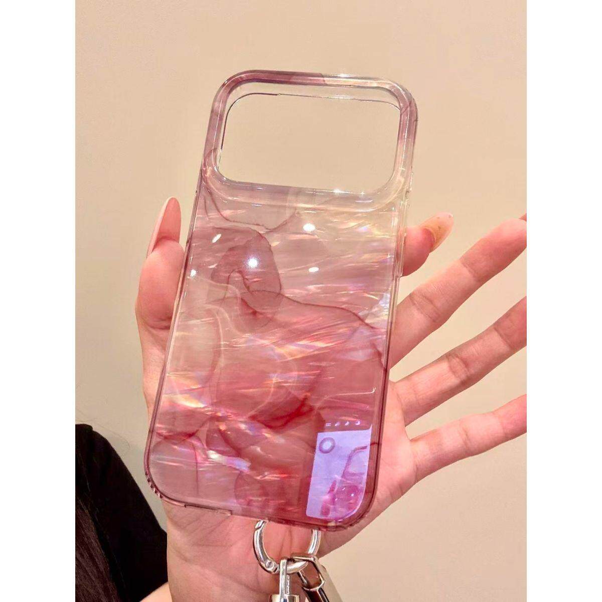 高级感酒红色贝壳纹晕染适用苹果18promax手机壳iPhone17新款女款16Pro全包防摔17pro保护套15带挂绳