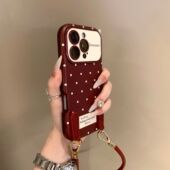 13promax皮质软壳手提链条挂绳高级感小众粉色新款 韩风简约波点腕带iPhone16 15手机壳适用苹果14 秋冬