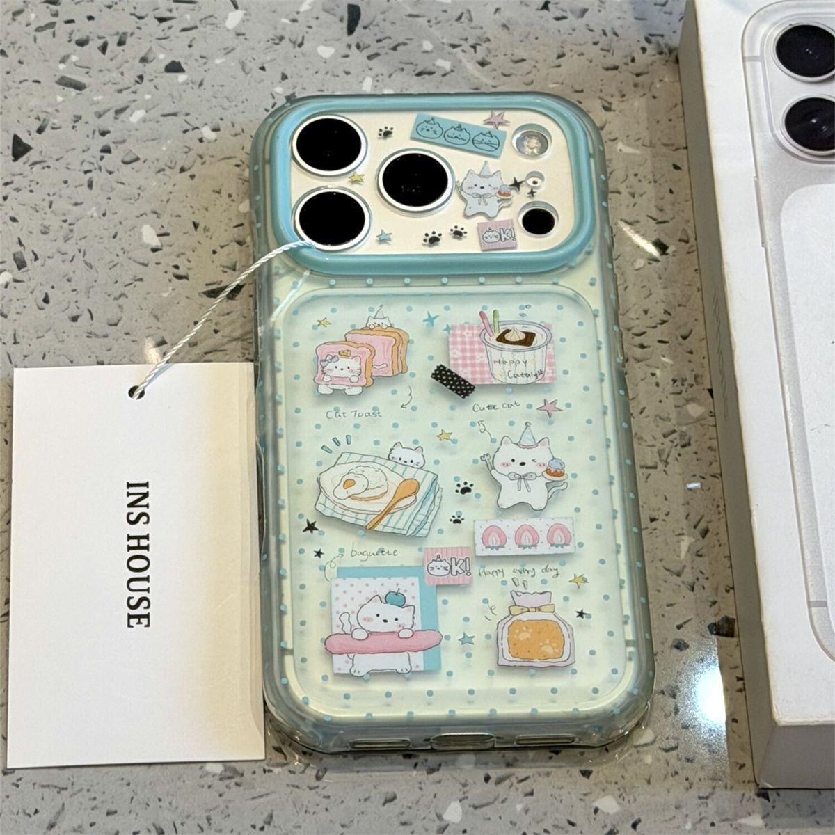 ins韩风卡通透色小猫吐司适用苹果17promax手机壳iPhone16pro新款ip15个性创意双层pm磨砂17全包防摔保护套女