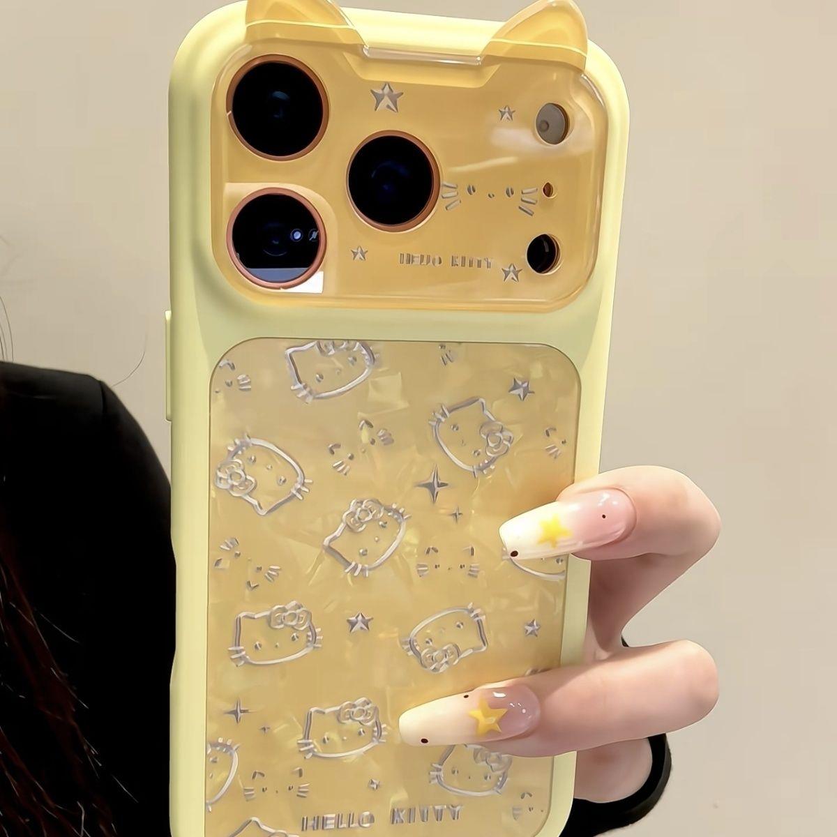 韩系ins黄色贝壳纹银色线条猫咪立体耳朵适用iPhone17promax手机壳苹果15pro新款16大视窗13女14防摔17保护套