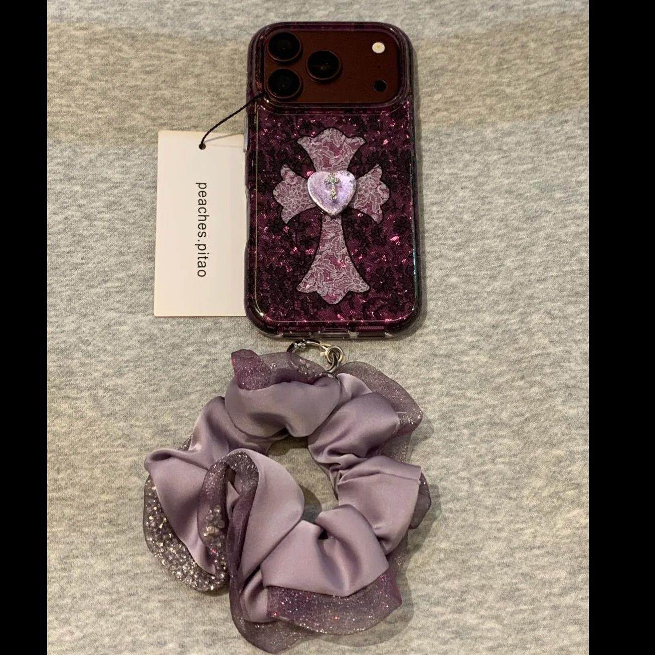 唯美ins风高级感黑加仑紫色蕾丝十字架适用于iPhone18promax手机壳17pro/16新款女生保护套防摔