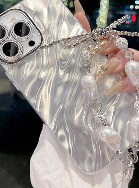 【轻奢高颜值】适用苹果15新款15promax手机壳iPhone14带闪粉镜头膜全包12女14por银色水波纹13高端14pmx链条