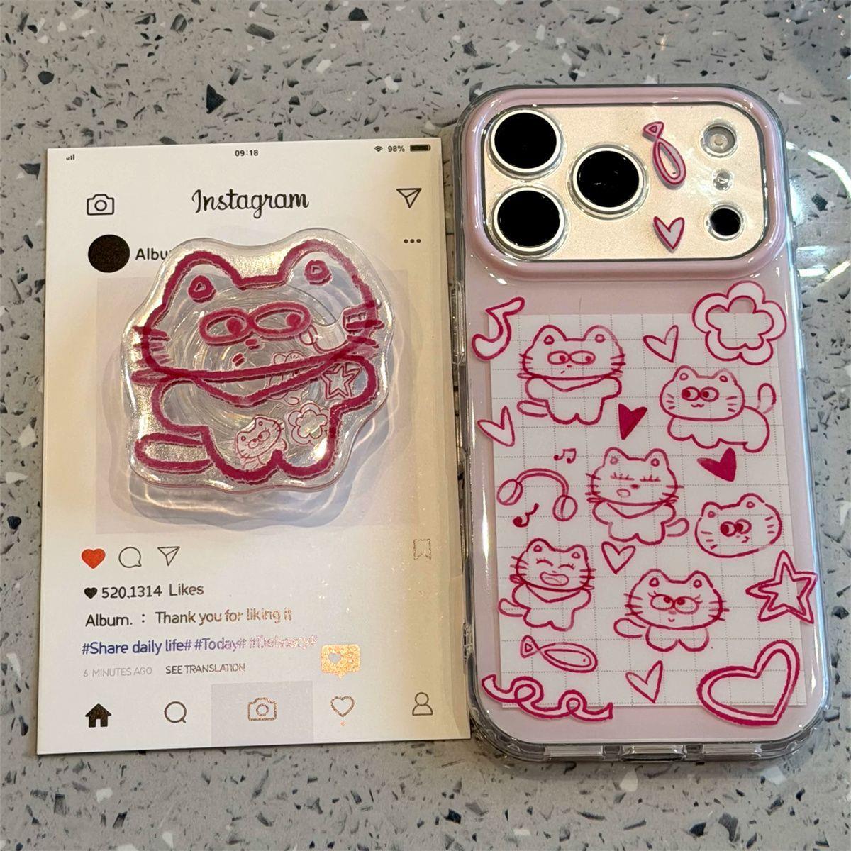 ins可爱玫红色线条猫咪插画适用于17pro苹果18 ProMax手机壳iPhone16全包15pm新款16Promax保护套15Pro