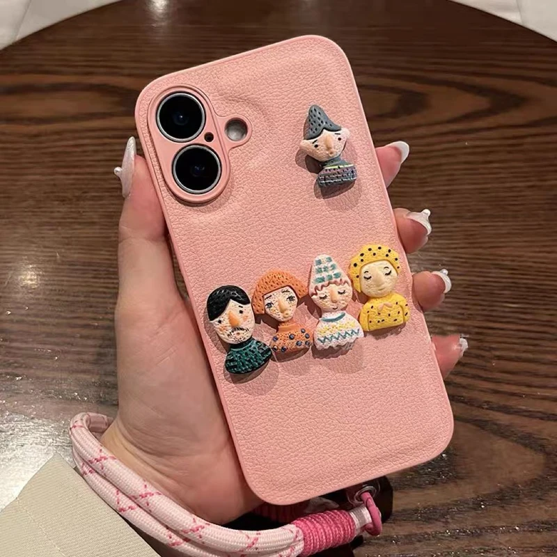 适用苹果17pro手机壳素皮纹粉五个小人公仔手提绳iphone16治愈系15全包15pro女款14高级感14pro保护套,3C数码配件,手机保护套/壳,淘宝优惠券,粉丝福利购,淘宝优惠卷