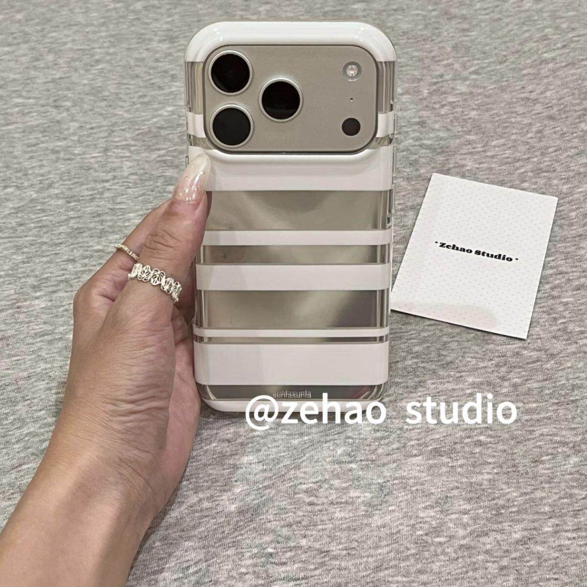 韩风ins简约白色条纹适用苹果17promax手机壳iphone16pro新款镜面17pro小众15promax网红17全包硅胶保护套女