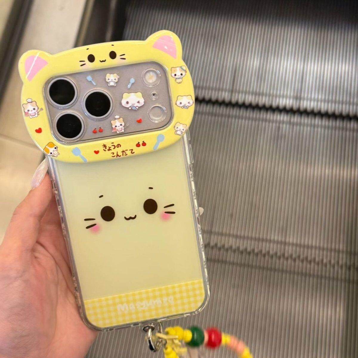 韩系简约黄格纹猫咪表情挂链适用苹果17promax手机壳iPhone15新款14高级感16时尚13网红15Pro防摔14Pro新款潮