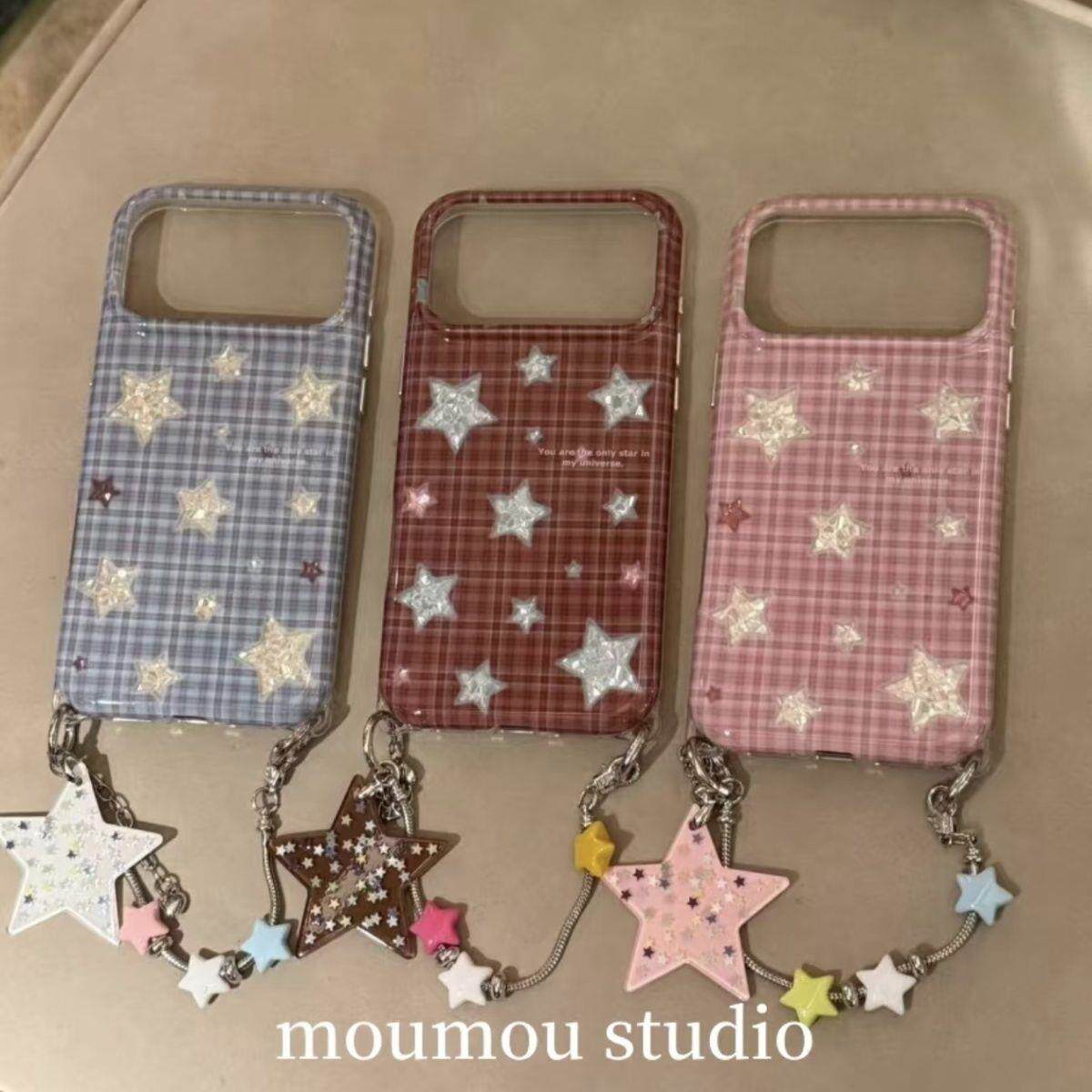 美牧 韩系ins格纹闪钻银色星星适用苹果18promax手机壳iphone16pro新款15女17pro带手链15pro全包防摔手机套