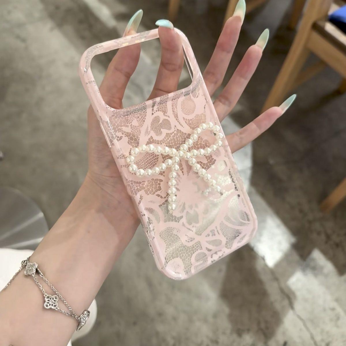 韩系粉色少女心珍珠蝴蝶结适用苹果18ProMax手机壳iPhone17Pro小清新16小众氛围感15全包软保护套