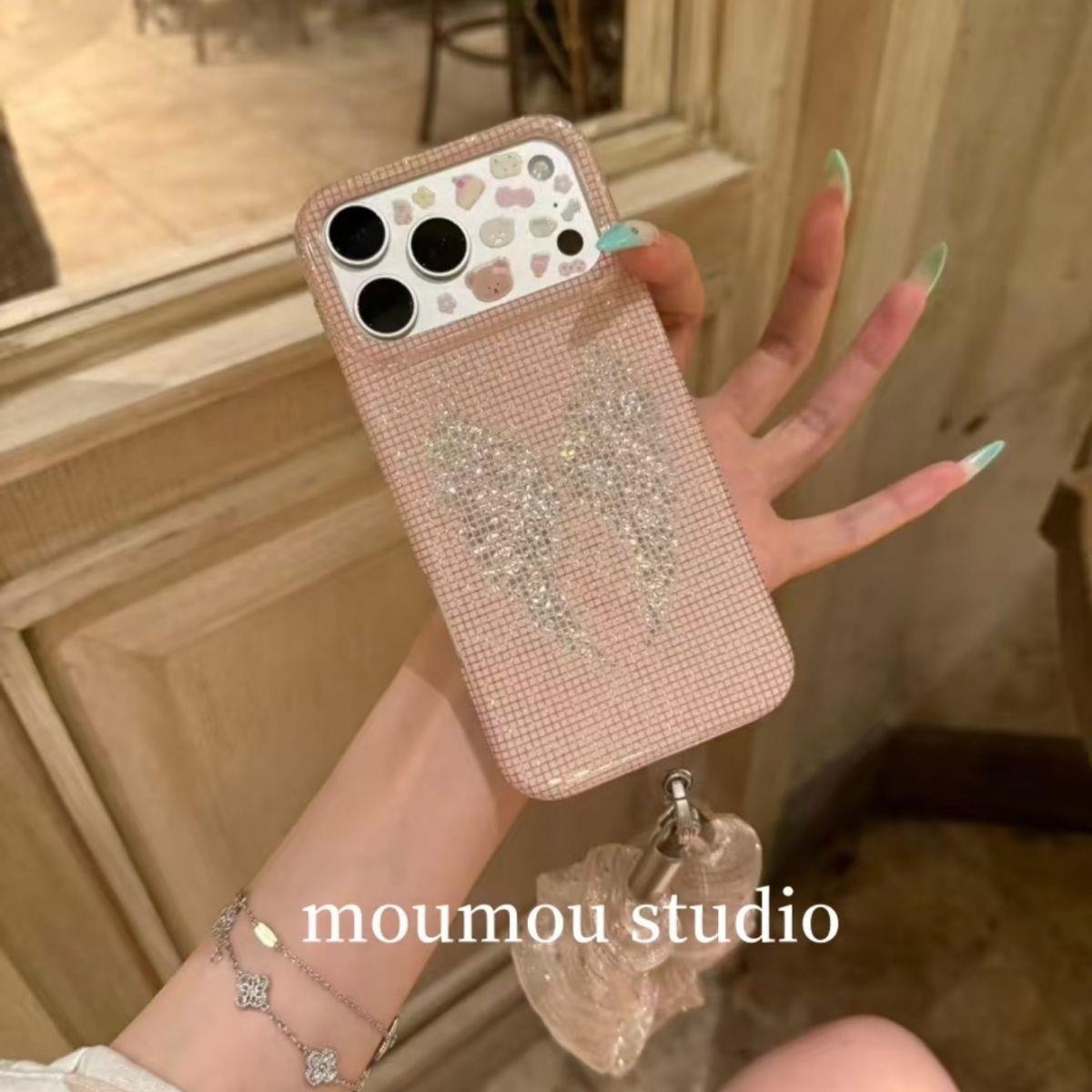 ins格纹闪钻翅膀双层适用iPhone17promax手机壳15新款17pro网红女款13创意全包防摔16pro超好看17保护套