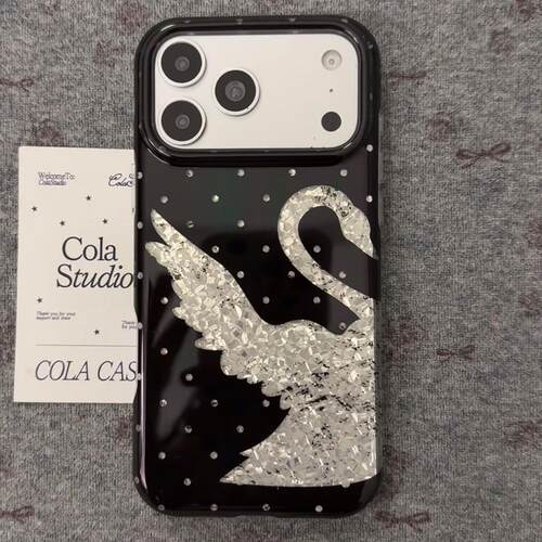 ins韩系银钻纹天鹅适用苹果17promax手机壳iphone16新款15pro女款16pm全包保护壳