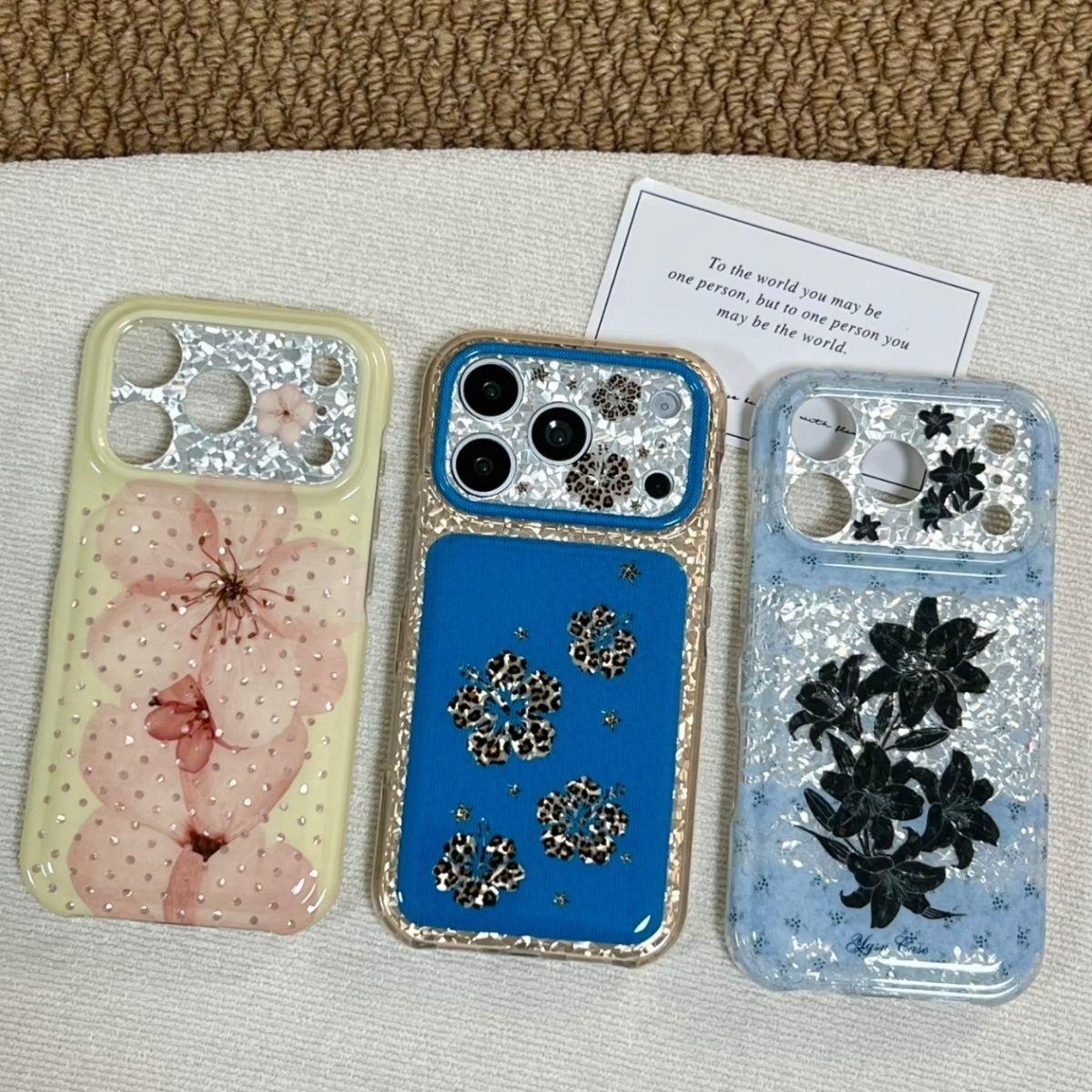 韩系ins蓝色闪闪黑色百合花适用苹果17promax手机壳iphone16pro新款15小清新14高级感13女17全包防摔保护套软