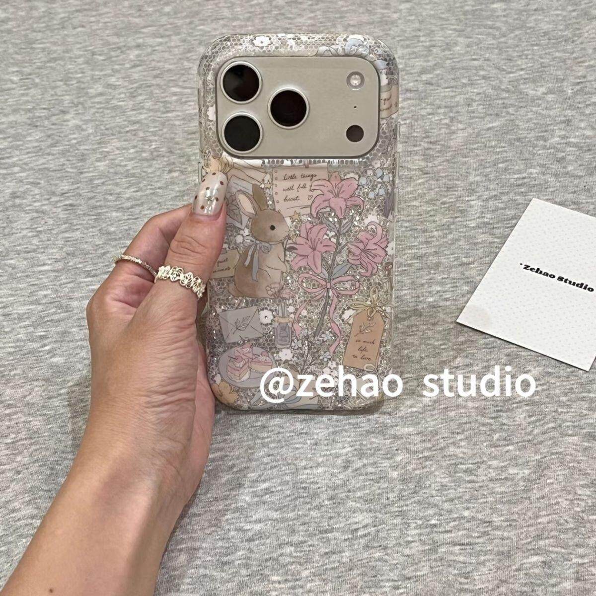 ins韩系粉色百合花小兔适用于iPhone18promax/17pro保护套16手机壳15个性潮流女款防摔少女心