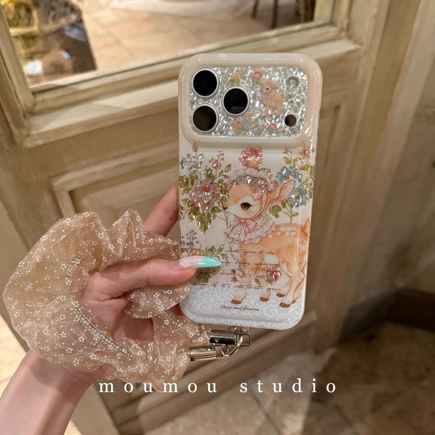 ins风韩系闪钻碎花蕾丝杏色梅花鹿适用iPhone18promax手机壳苹果17新款16Pro女15pm小清新17promax防摔套16