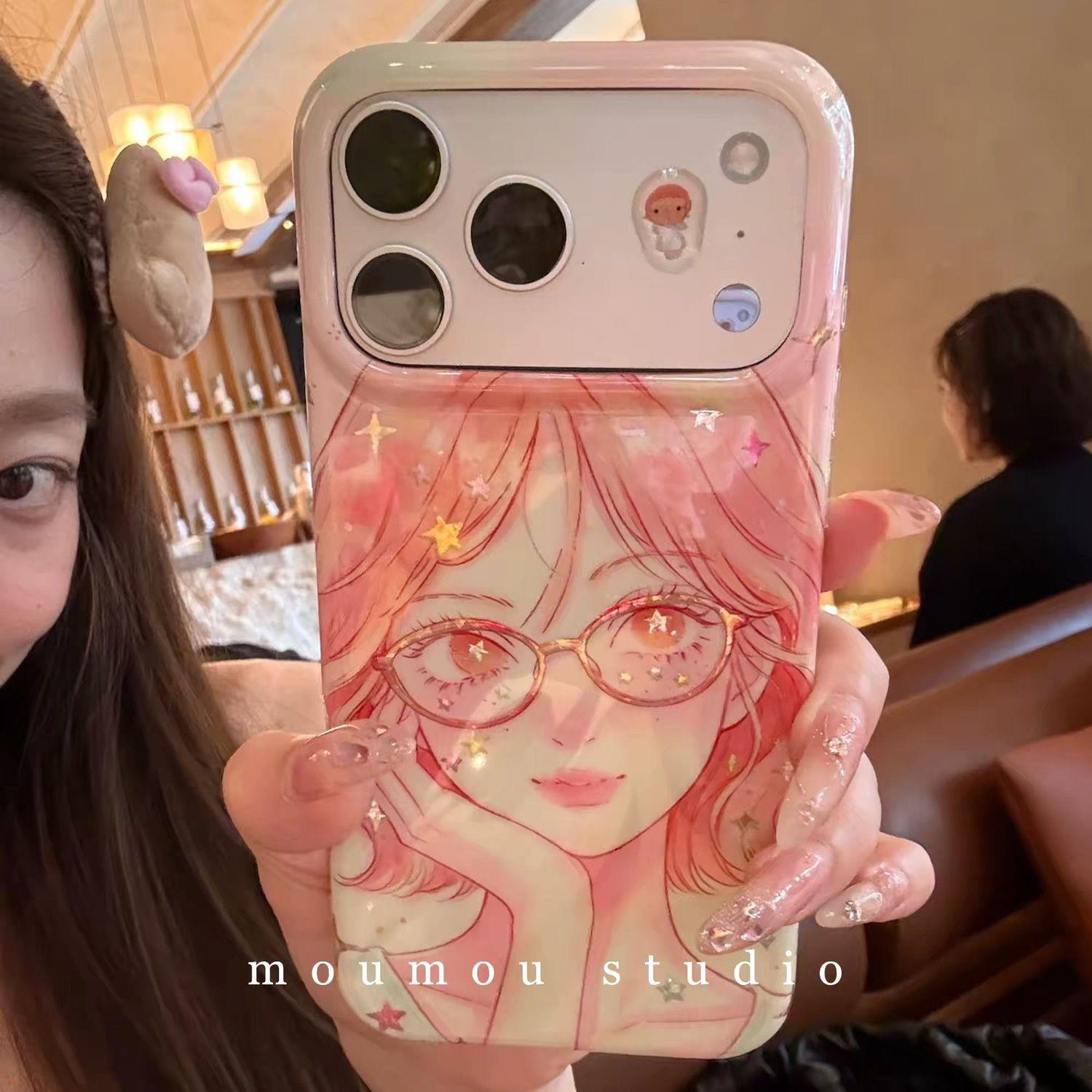渐变橘发少女心镭射星星眼镜女孩适用于苹果16/17promax/iPhone15pro手机壳女款14全包防摔13保护套16promax