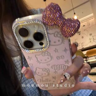 西多士卡通可爱kt猫立体闪钻蝴蝶结适用苹果15promax手机壳iPhone14新款15亚克力14pro创意13防摔保护套12女