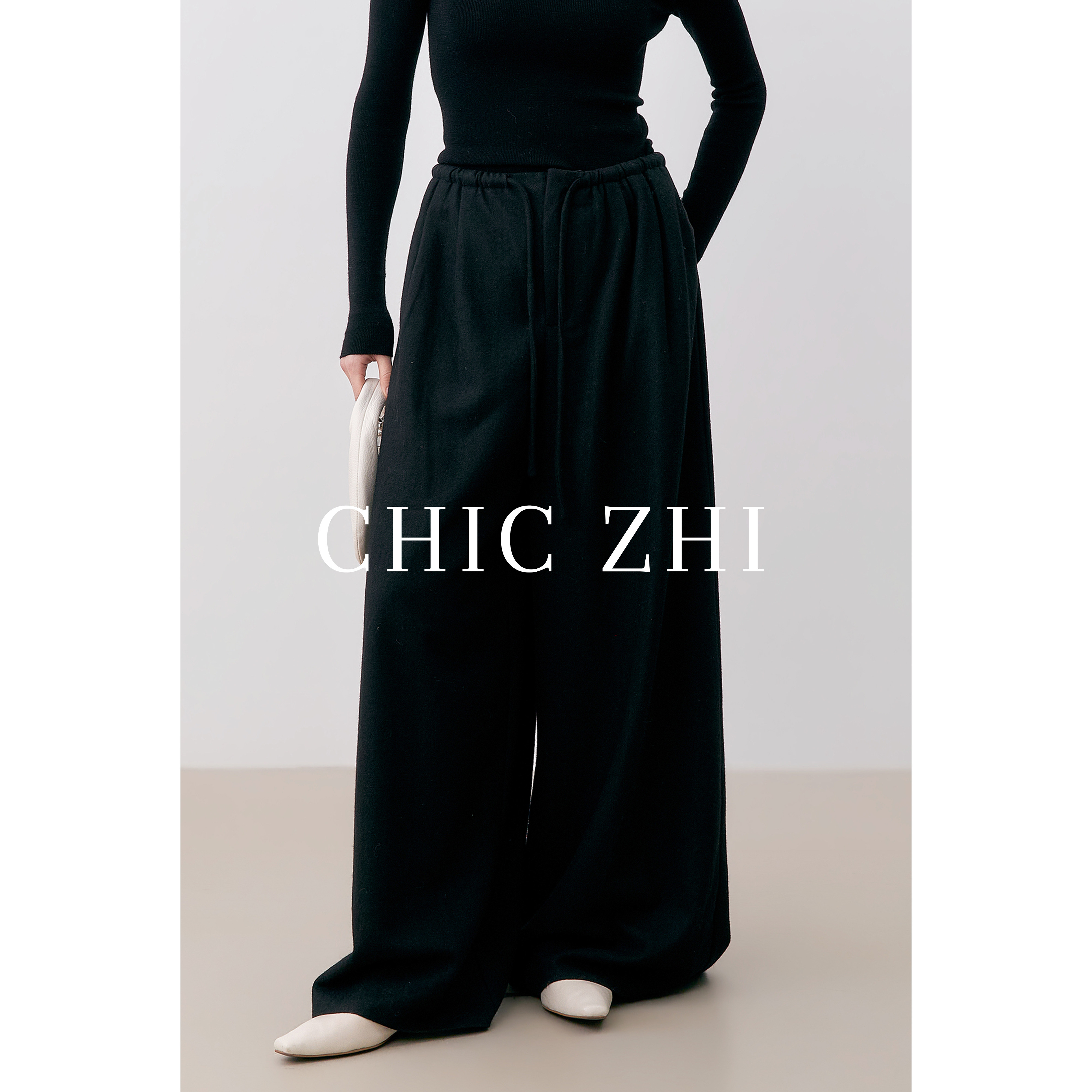 CHIC ZHI2026年新款松弛慵懒风抽绳松紧腰高克重羊毛亚麻阔腿裤子,女装/女士精品,休闲裤,淘宝优惠券,粉丝福利购,淘宝优惠卷