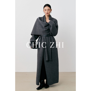 赫本风气质针织大衣高级感系带围巾领外套大衣 新品 CHIC ZHI25冬季
