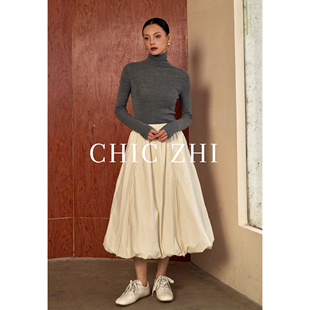 CHIC ZHI25冬季氛围感鹅绒填充高腰灯笼花苞裙抽绳设计感半身裙