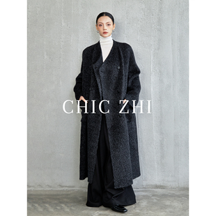 CHIC ZHI25冬高端大牌复古苏力羊驼绒双排扣过膝宽松廓形双面呢