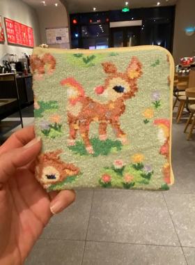 手作FL粉鹿毛巾多功能L收纳包 绿色小鹿化妆包卫生棉包