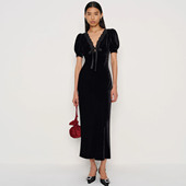 法式 ref高级感黑色蕾丝V领包臀鱼尾丝绒连衣裙气质收腰晚礼服长裙