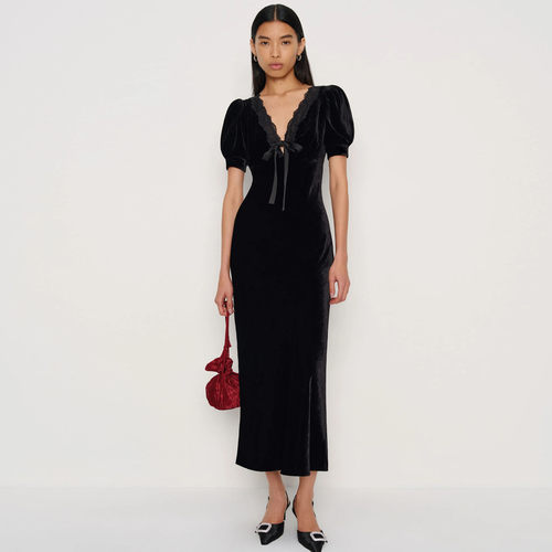 法式高级感黑色蕾丝丝绒连衣裙