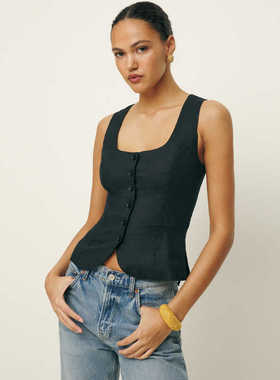 老钱风法式方领无袖亚麻复古百搭修身时尚马甲女refor外穿上衣夏