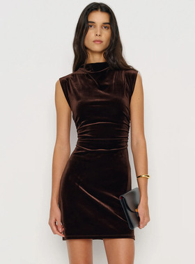 ref法式绝美深咖色复古丝绒连衣裙无袖半高领针织包臀裙气质A字裙