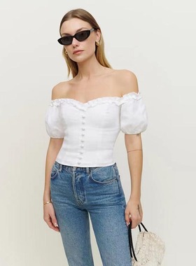 refor法式白色一字露肩上衣夏泡泡短袖棉麻设计感短衬衫女