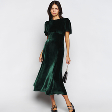 reformation法式复古绿色修身气质丝绒连衣裙赫本小黑裙高端长裙