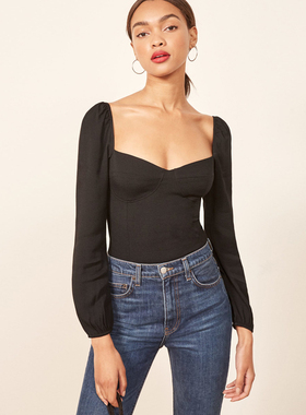 refor法式别致漂亮小衫方领黑色碎花波点雪纺衫打底衫女性感上衣